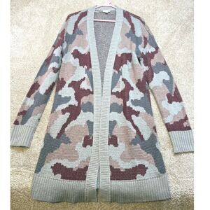 Item & Thread Womens Camo Longline Cardigan Grey Burgundy M Grunge Cozy Boho Med